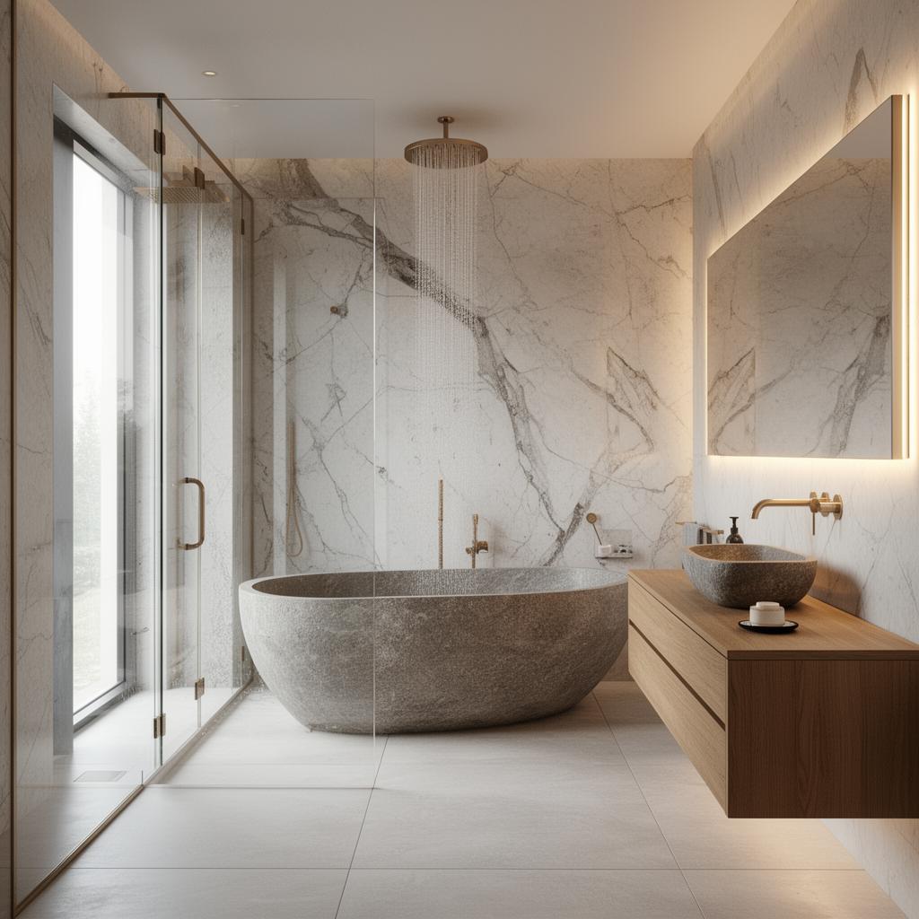 Luxury bathroom installation with freestanding bath, large-format stone tiling and designer brassware in Suffolk by David Price Building Services