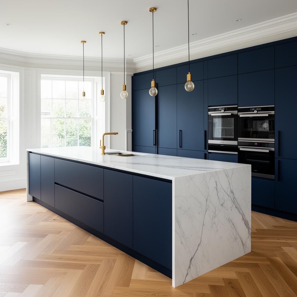Luxury hand-painted in-frame shaker kitchen with stone worktop installed in Suffolk by David Price Building Services