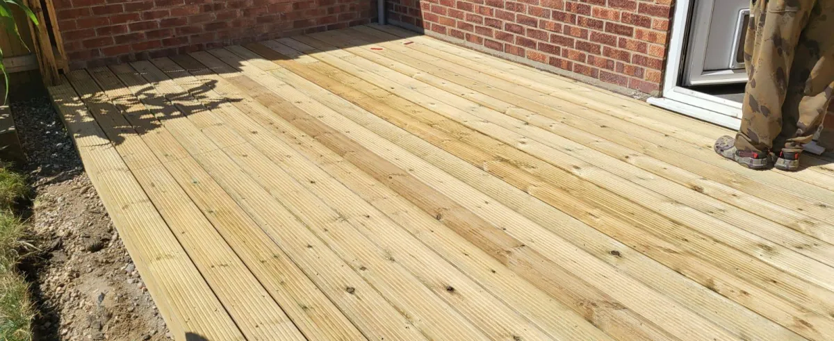 Finished timber decking outside a Suffolk home